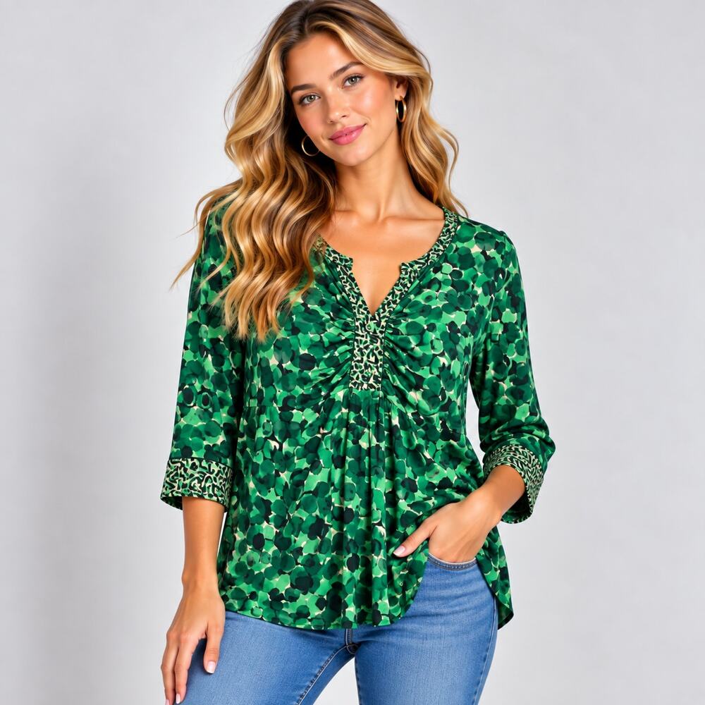 Susan Graver Liquid Knit Blouse Women's Size L Green Bubbles Office Boho-chic
